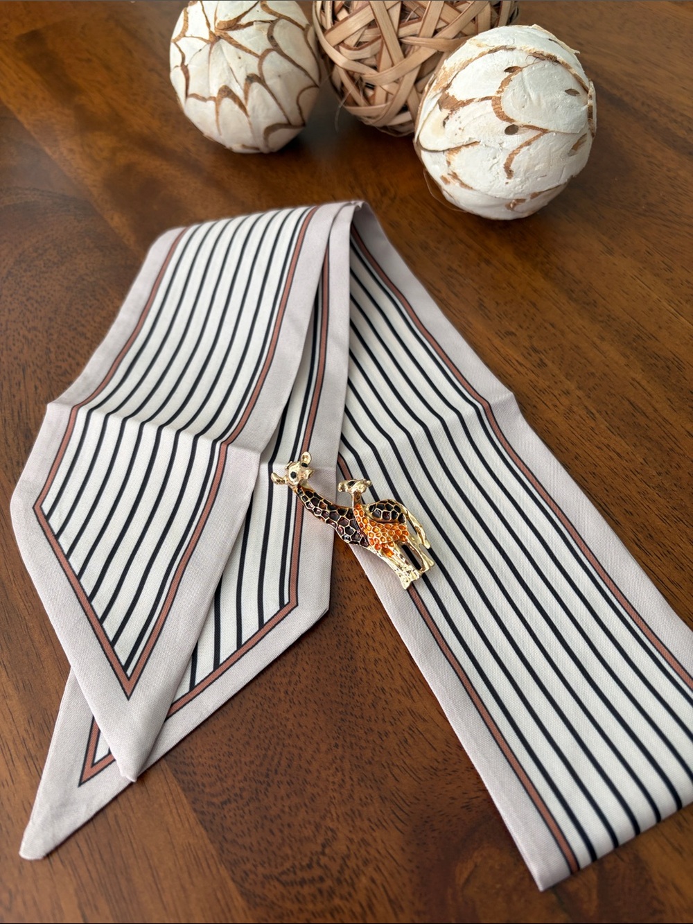 Cream, Black & Brown Striped Silk Scarf for Purse or Hair w/Giraffe Brooch